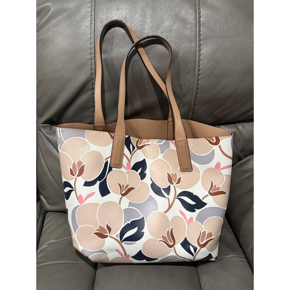 Kate Spade New York Magnolia Floral Tote Bag Blush Tan Navy Large Open‎ Top PVC